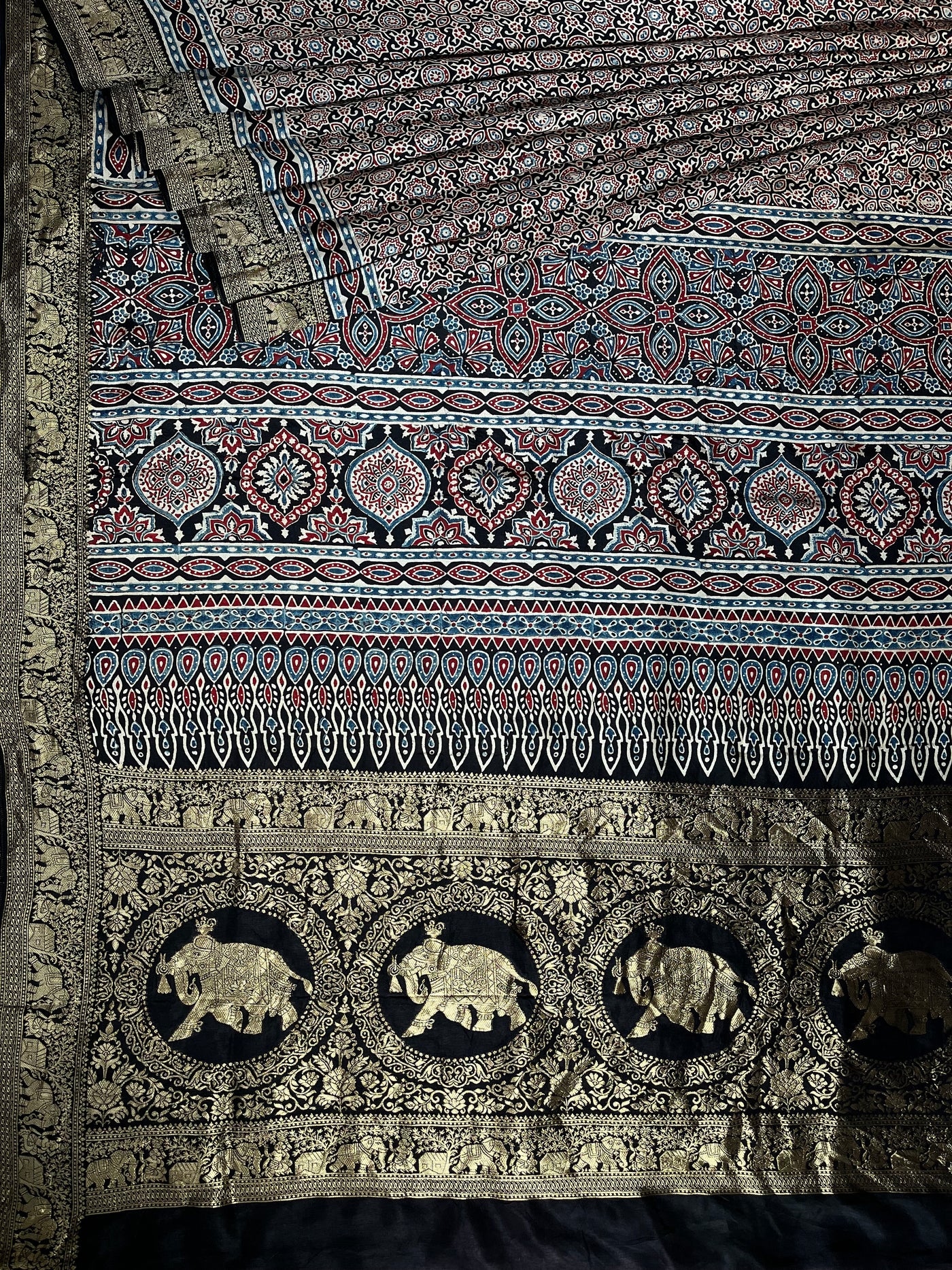 RADHIKA: Handblock Ajrakh Dola Silk Saree with Meenakari Pallu