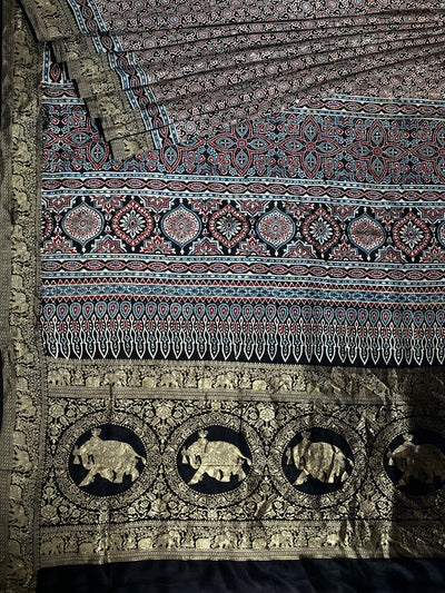 RADHIKA: Handblock Ajrakh Dola Silk Saree with Meenakari Pallu