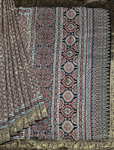 RADHIKA: Handblock Ajrakh Dola Silk Saree with Meenakari Pallu