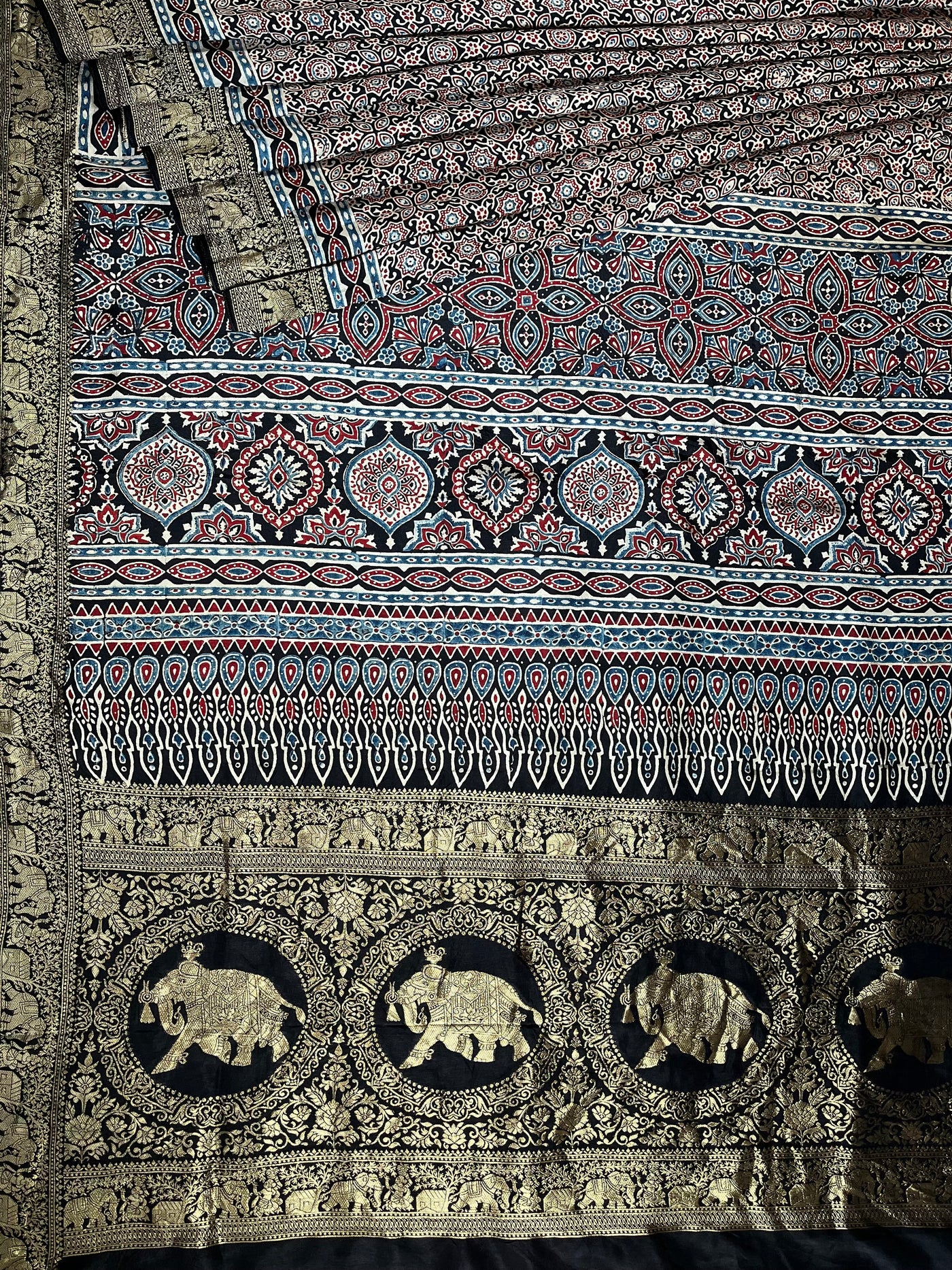 RADHIKA: Handblock Ajrakh Dola Silk Saree with Meenakari Pallu