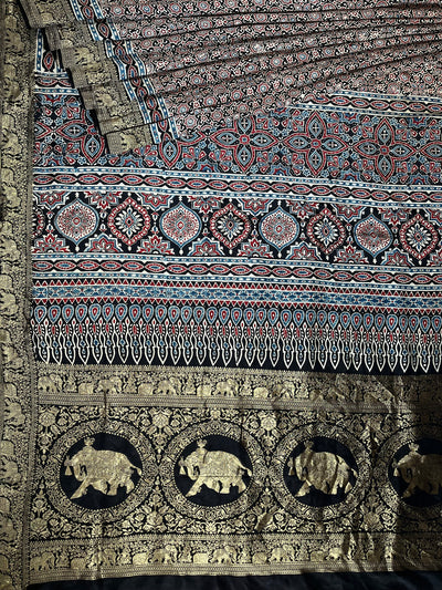 RADHIKA: Handblock Ajrakh Dola Silk Saree with Meenakari Pallu