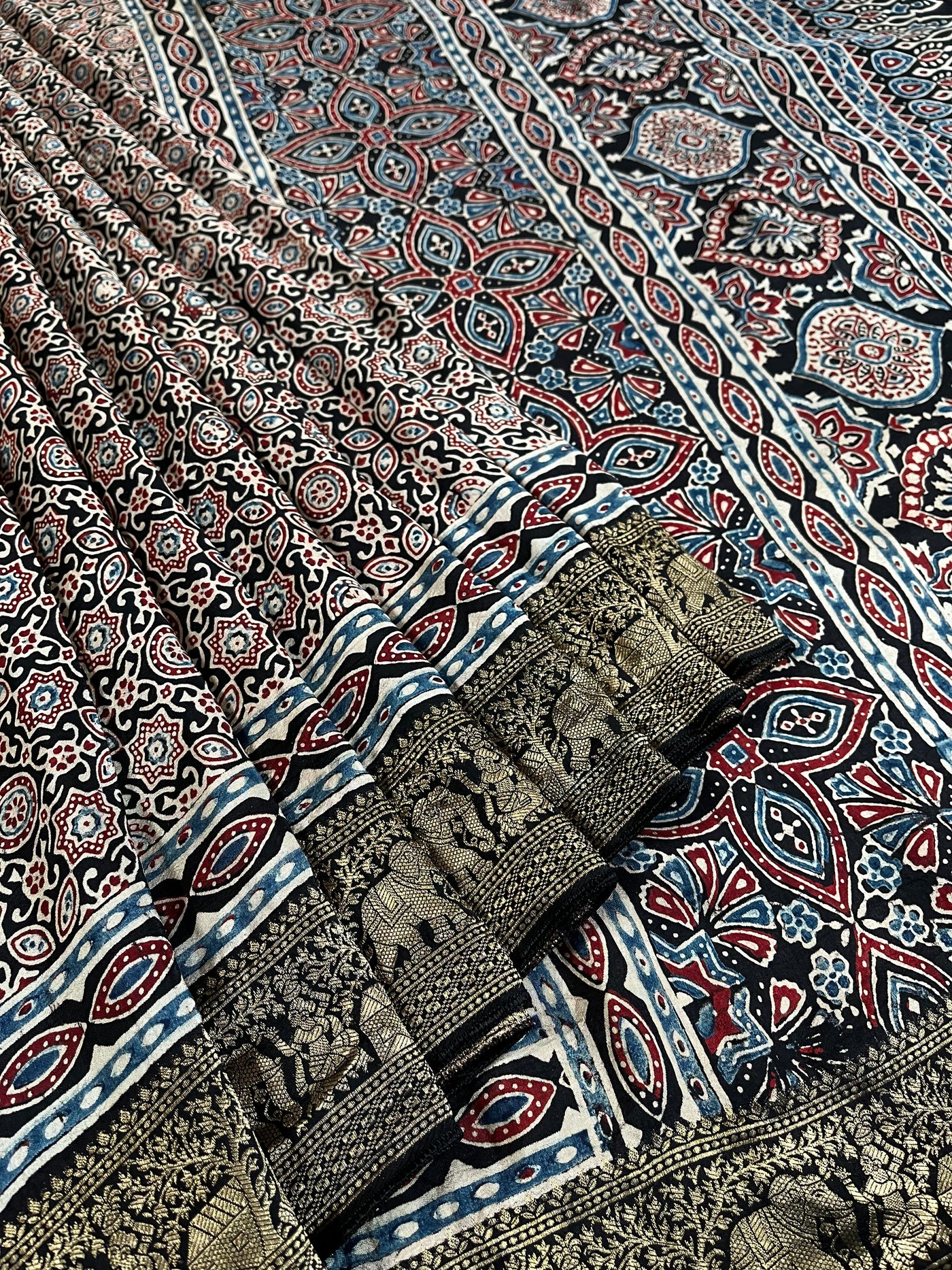RADHIKA: Handblock Ajrakh Dola Silk Saree with Meenakari Pallu