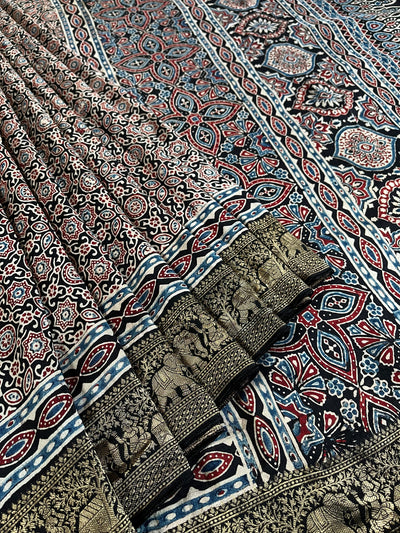 RADHIKA: Handblock Ajrakh Dola Silk Saree with Meenakari Pallu