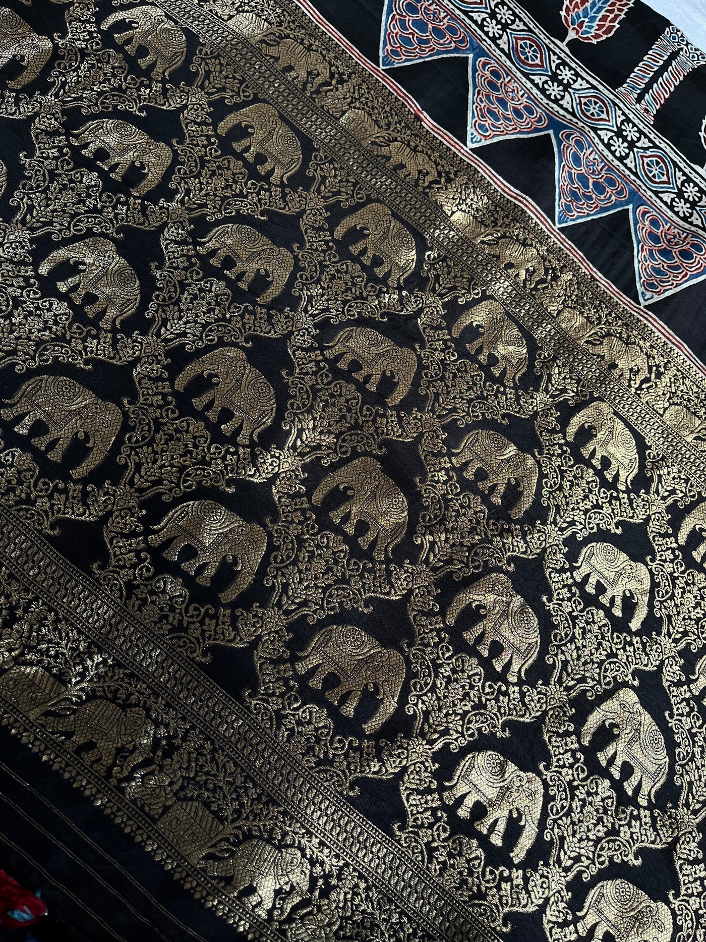NAINIKA: Handblock Ajrakh Dola Silk Saree with Meenakari Pallu