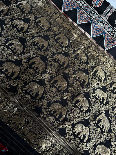 NAINIKA: Handblock Ajrakh Dola Silk Saree with Meenakari Pallu