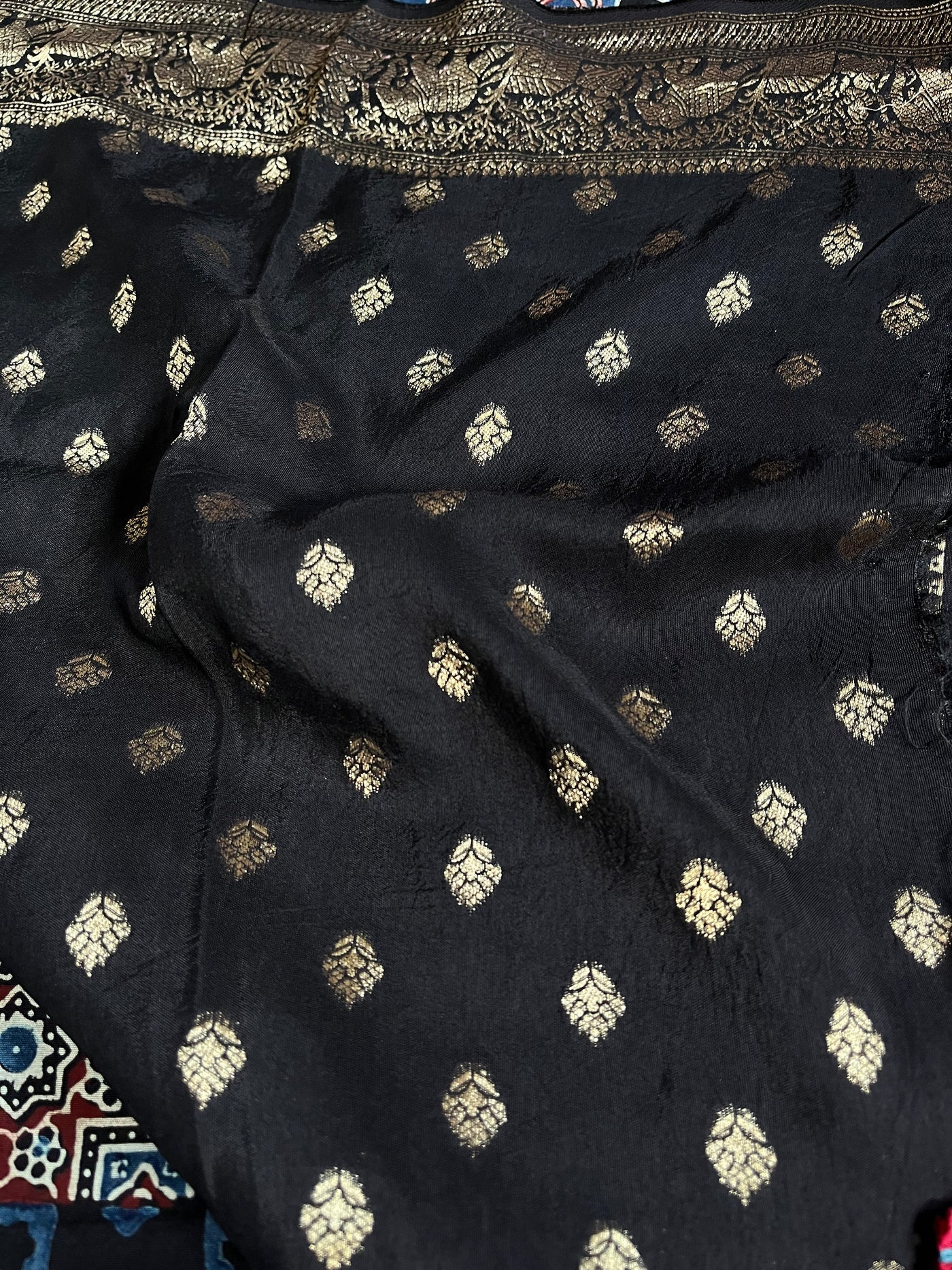 NAINIKA: Handblock Ajrakh Dola Silk Saree with Meenakari Pallu