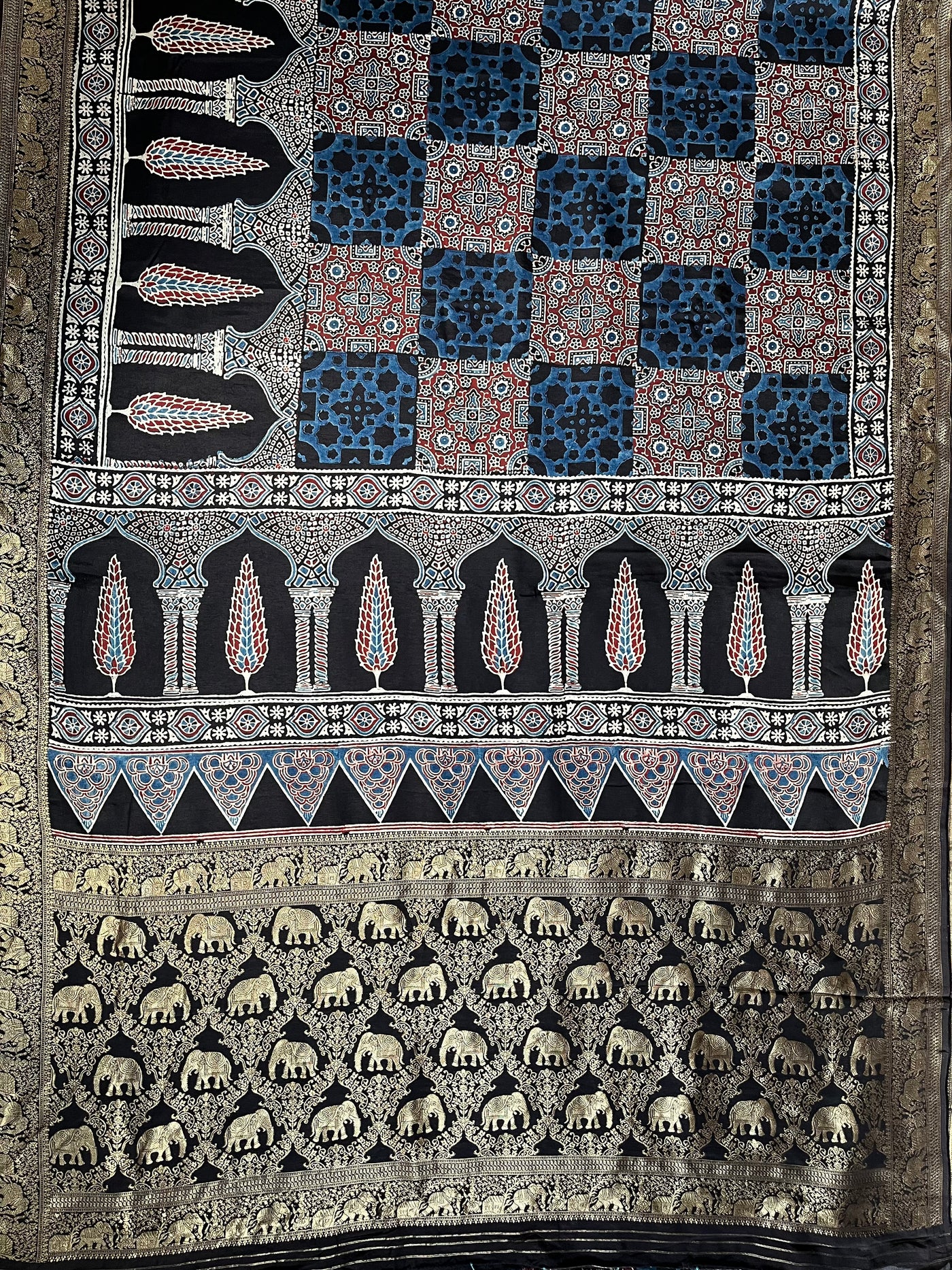 NAINIKA: Handblock Ajrakh Dola Silk Saree with Meenakari Pallu