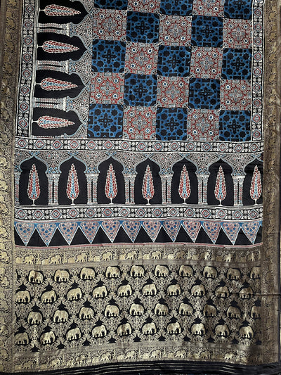 NAINIKA: Handblock Ajrakh Dola Silk Saree with Meenakari Pallu