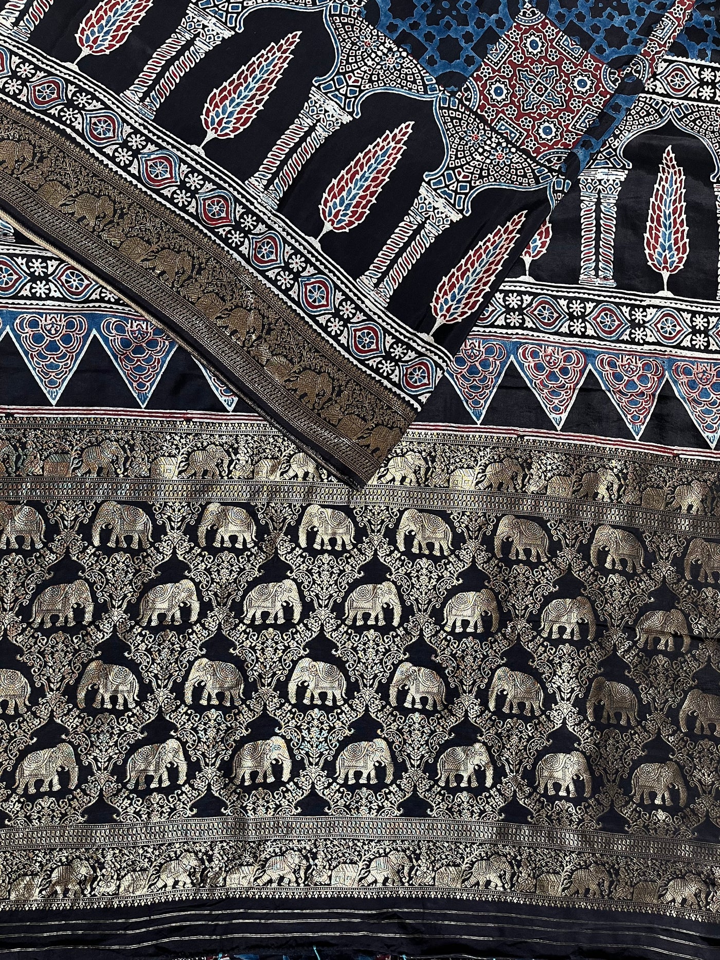 NAINIKA: Handblock Ajrakh Dola Silk Saree with Meenakari Pallu