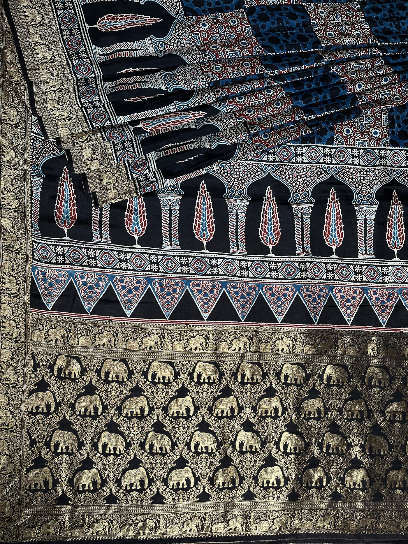 NAINIKA: Handblock Ajrakh Dola Silk Saree with Meenakari Pallu