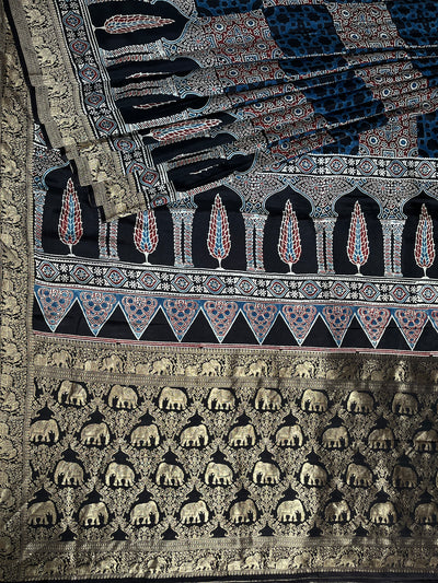 NAINIKA: Handblock Ajrakh Dola Silk Saree with Meenakari Pallu