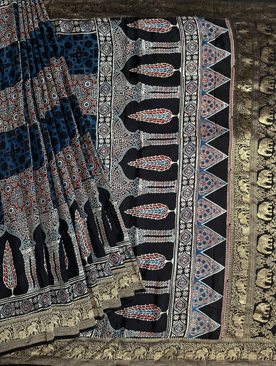 NAINIKA: Handblock Ajrakh Dola Silk Saree with Meenakari Pallu