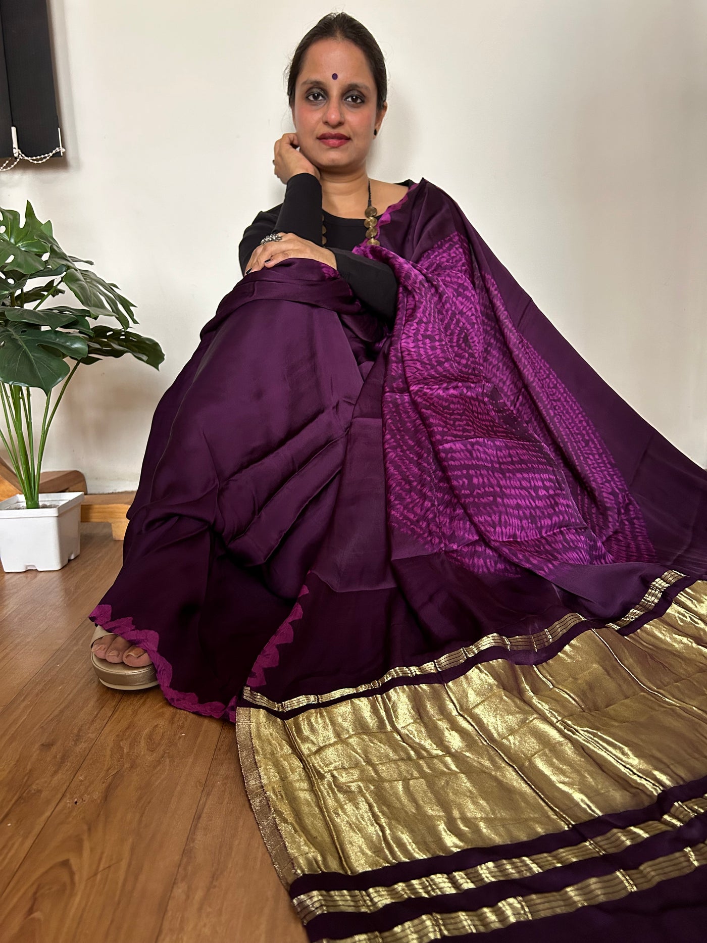 JUHI: Handmade Shibori Dyed Modal Silk Tissue Pallu Saree