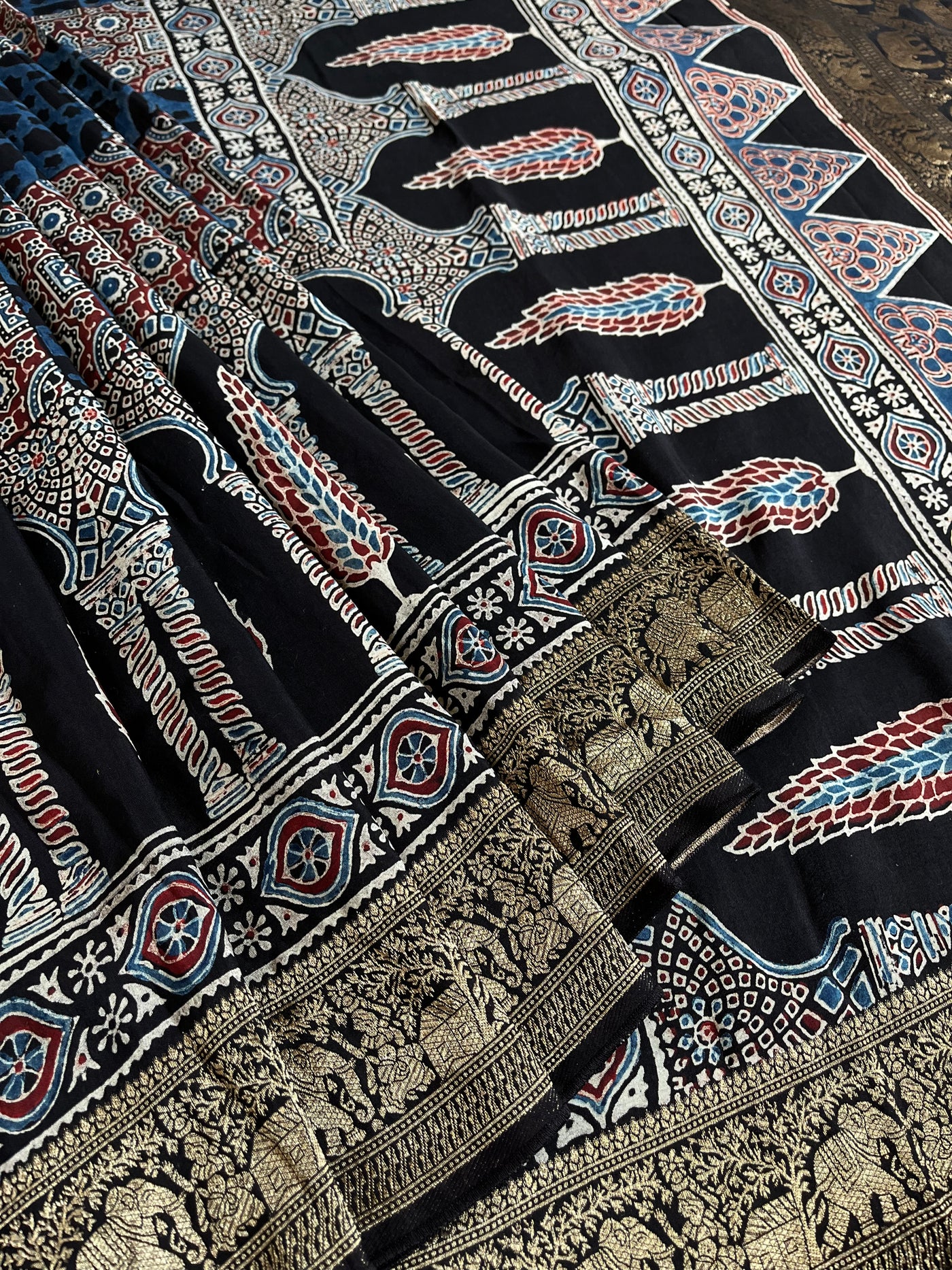 NAINIKA: Handblock Ajrakh Dola Silk Saree with Meenakari Pallu