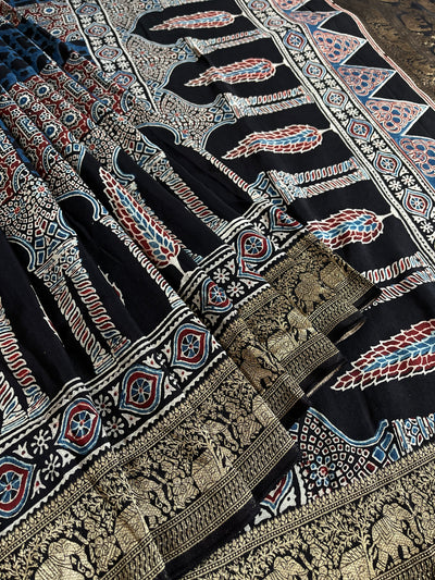 NAINIKA: Handblock Ajrakh Dola Silk Saree with Meenakari Pallu
