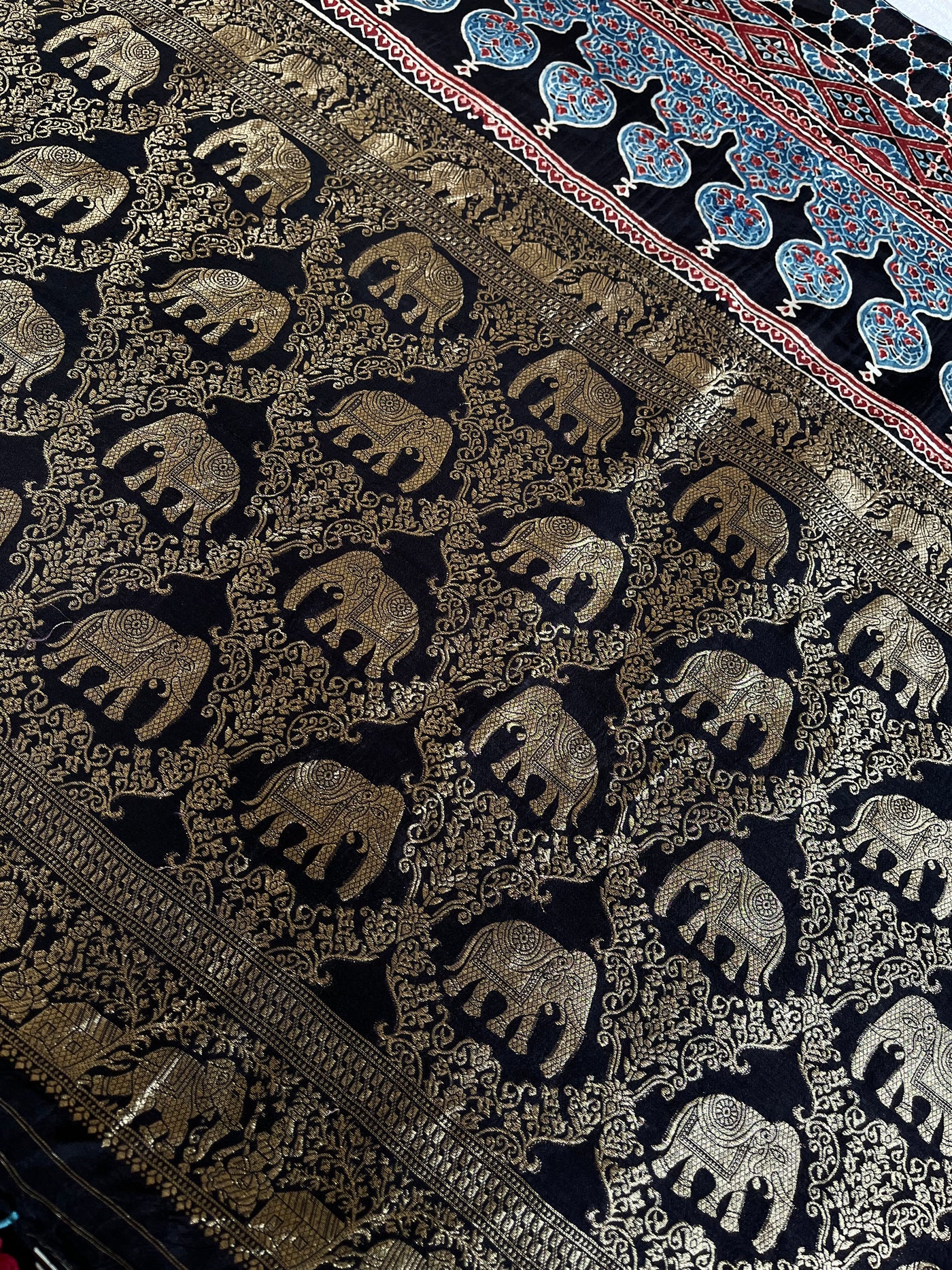 EKANSHI: Handblock Ajrakh Dola Silk Saree with Meenakari Pallu