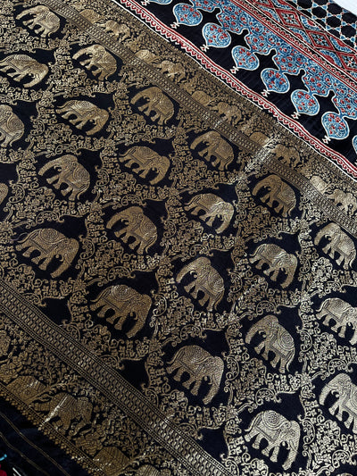 EKANSHI: Handblock Ajrakh Dola Silk Saree with Meenakari Pallu