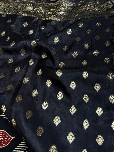 EKANSHI: Handblock Ajrakh Dola Silk Saree with Meenakari Pallu
