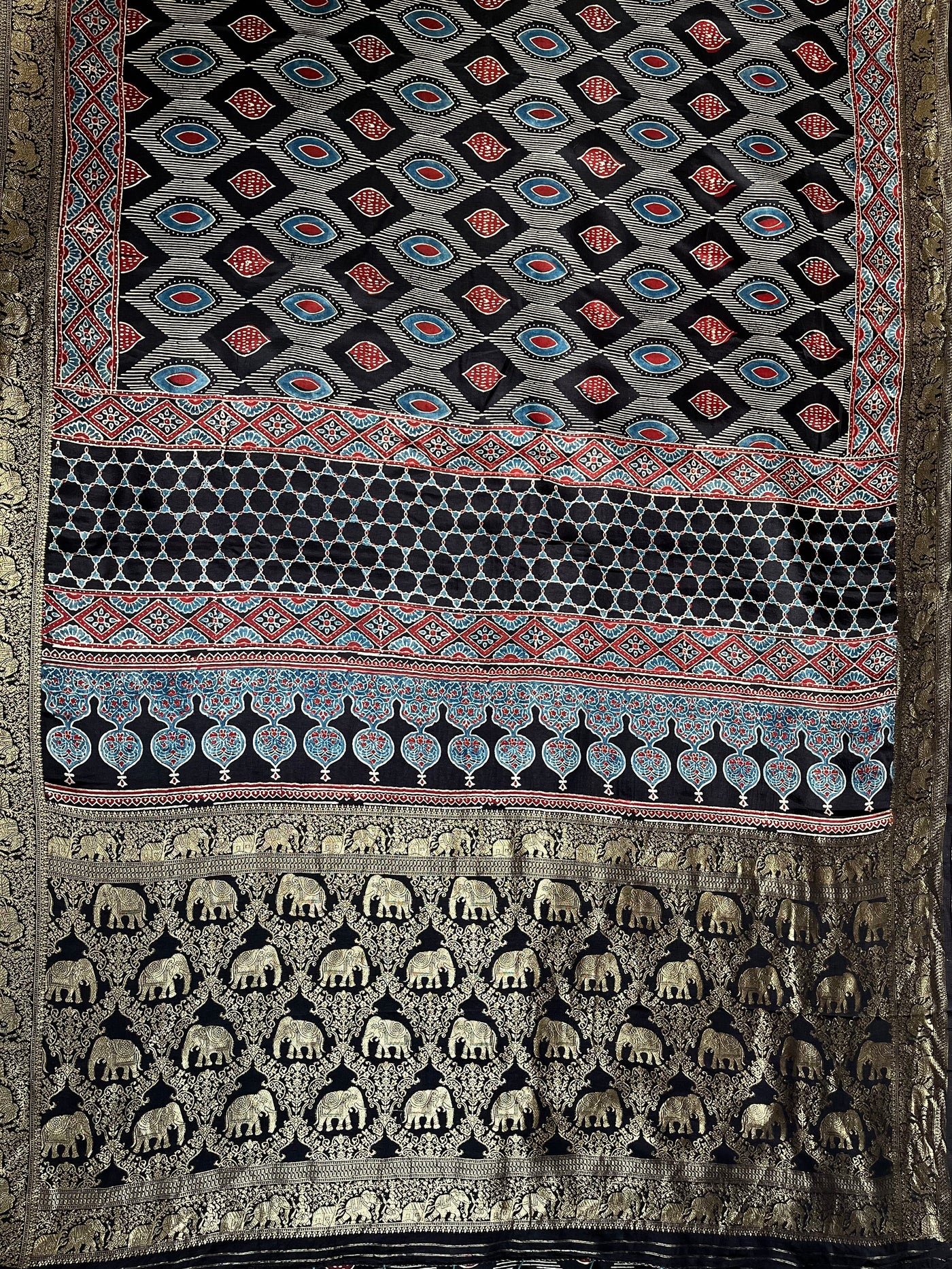EKANSHI: Handblock Ajrakh Dola Silk Saree with Meenakari Pallu
