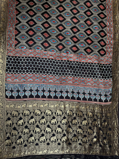 EKANSHI: Handblock Ajrakh Dola Silk Saree with Meenakari Pallu