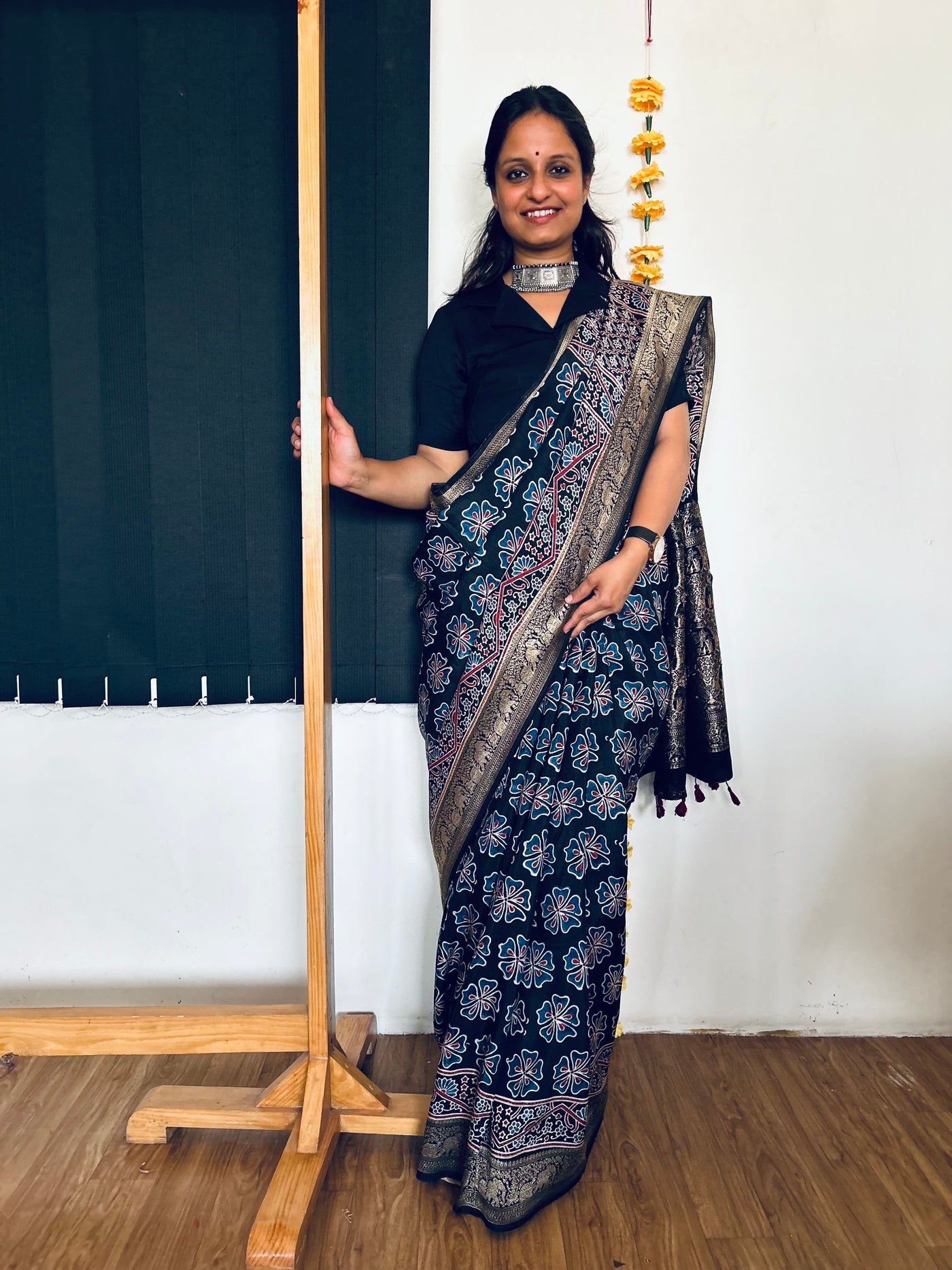 Raunak:Handmade Ajrakh Dola Silk Saree with Meenakari Pallu