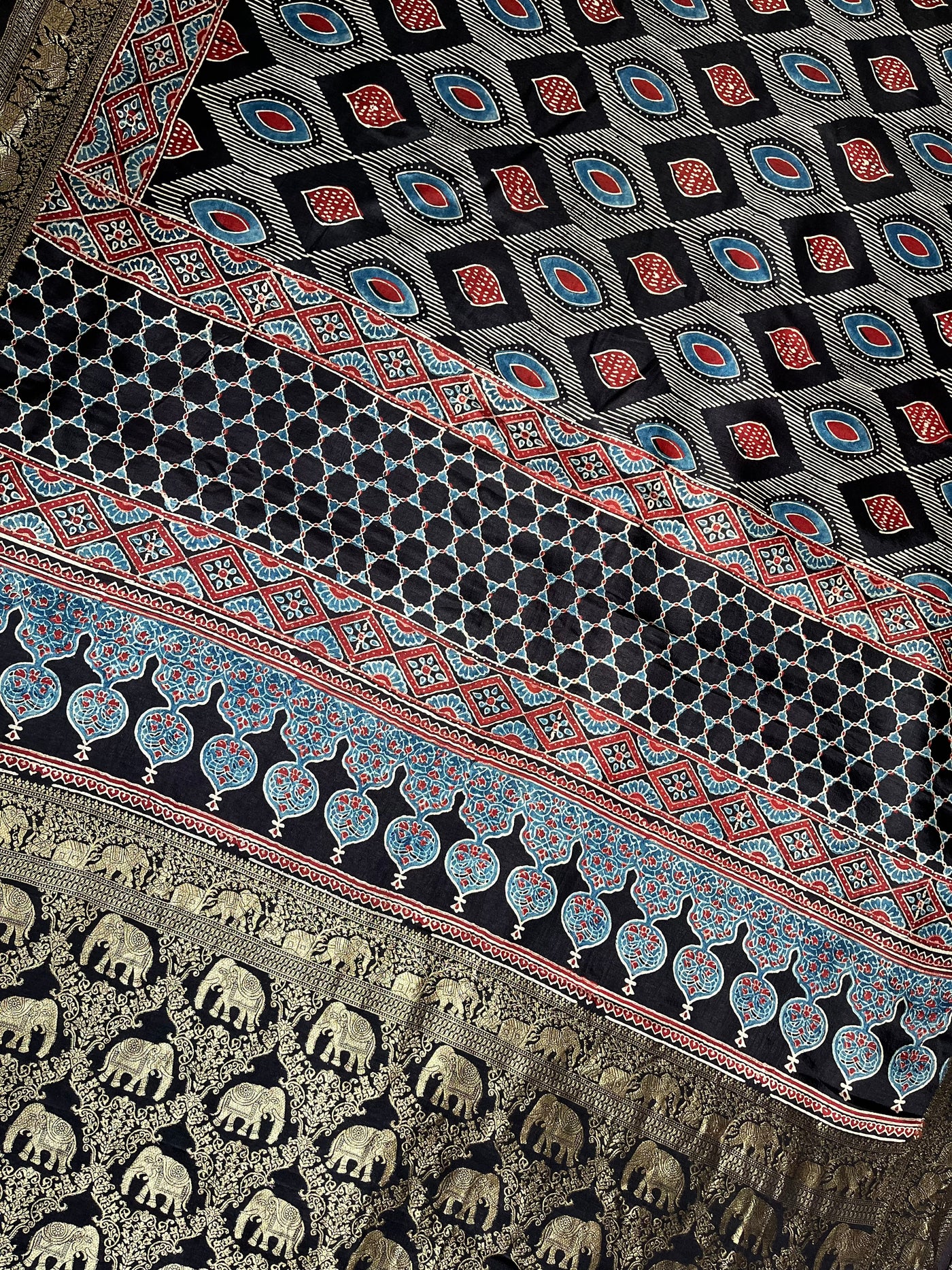 EKANSHI: Handblock Ajrakh Dola Silk Saree with Meenakari Pallu