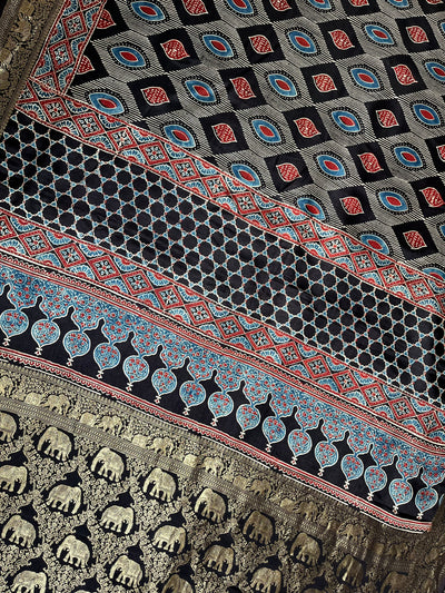 EKANSHI: Handblock Ajrakh Dola Silk Saree with Meenakari Pallu