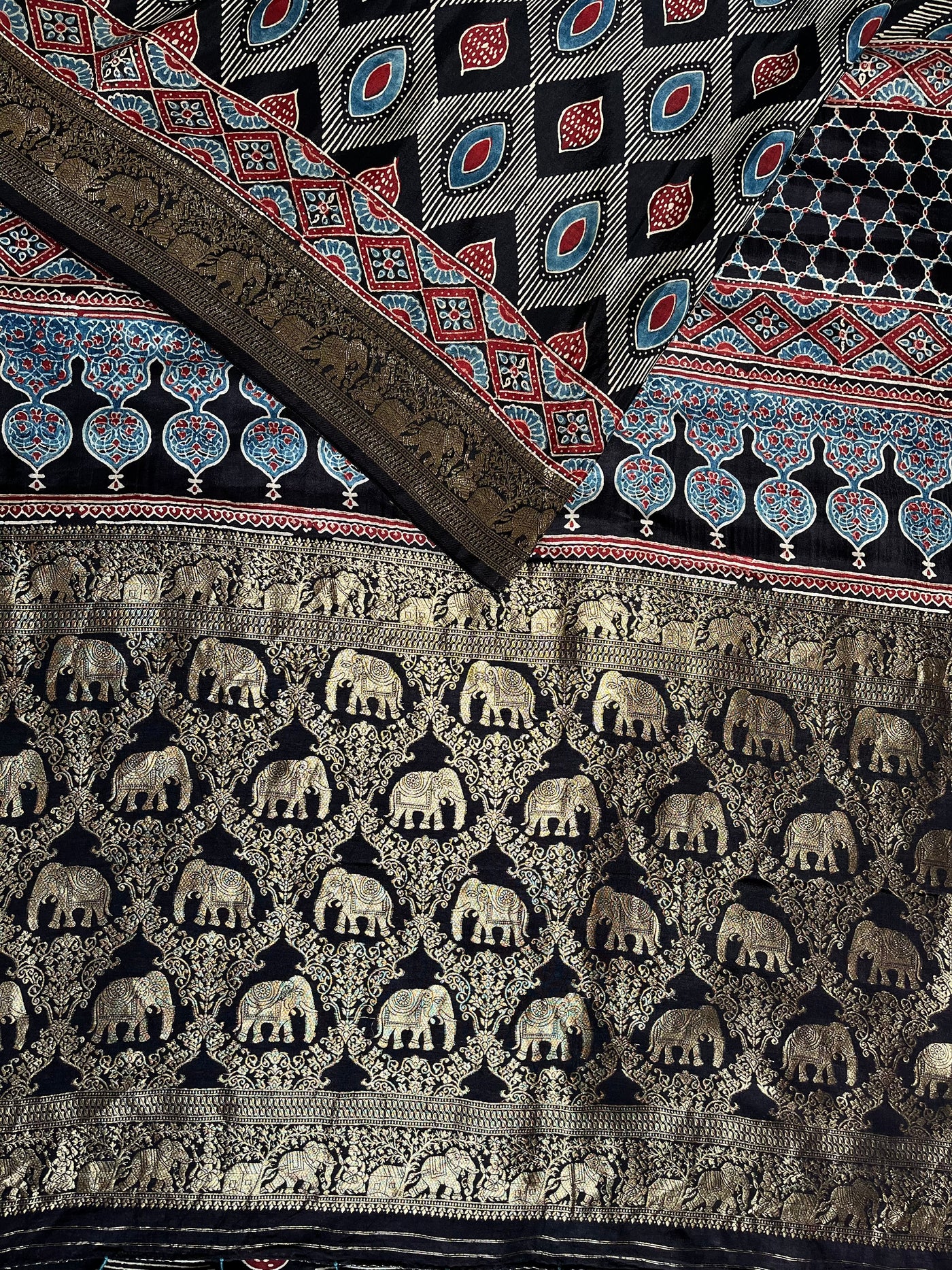 EKANSHI: Handblock Ajrakh Dola Silk Saree with Meenakari Pallu