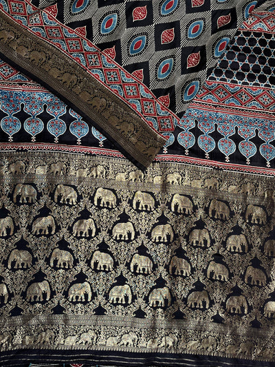 EKANSHI: Handblock Ajrakh Dola Silk Saree with Meenakari Pallu