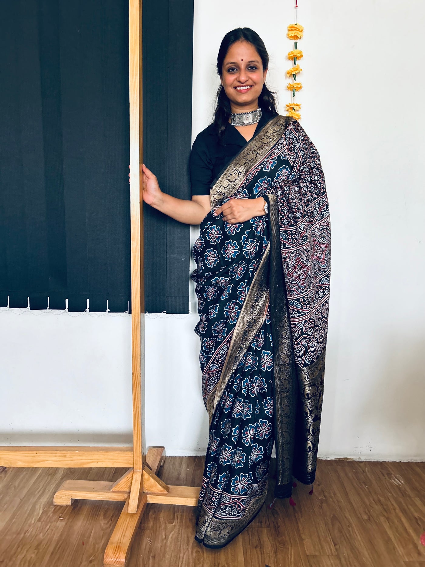 Raunak:Handmade Ajrakh Dola Silk Saree with Meenakari Pallu