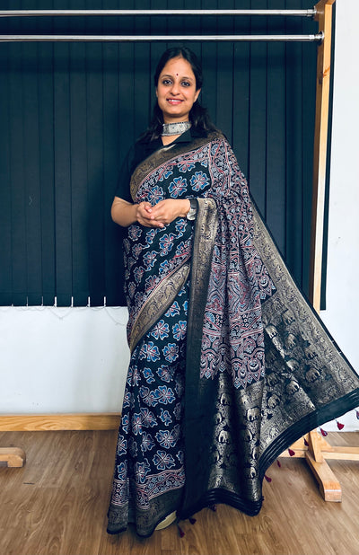 Raunak:Handmade Ajrakh Dola Silk Saree with Meenakari Pallu