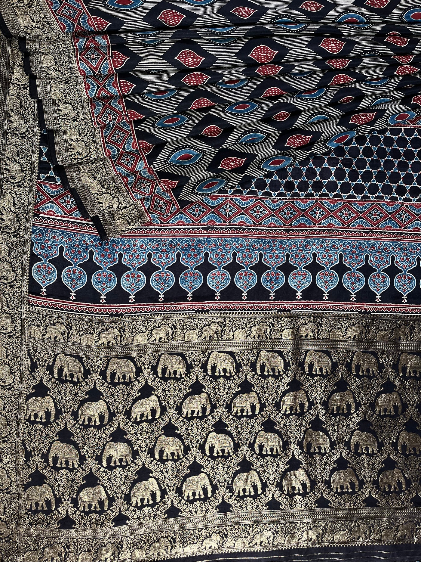 EKANSHI: Handblock Ajrakh Dola Silk Saree with Meenakari Pallu