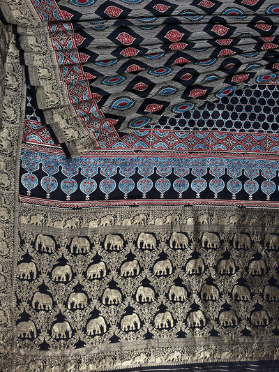 EKANSHI: Handblock Ajrakh Dola Silk Saree with Meenakari Pallu
