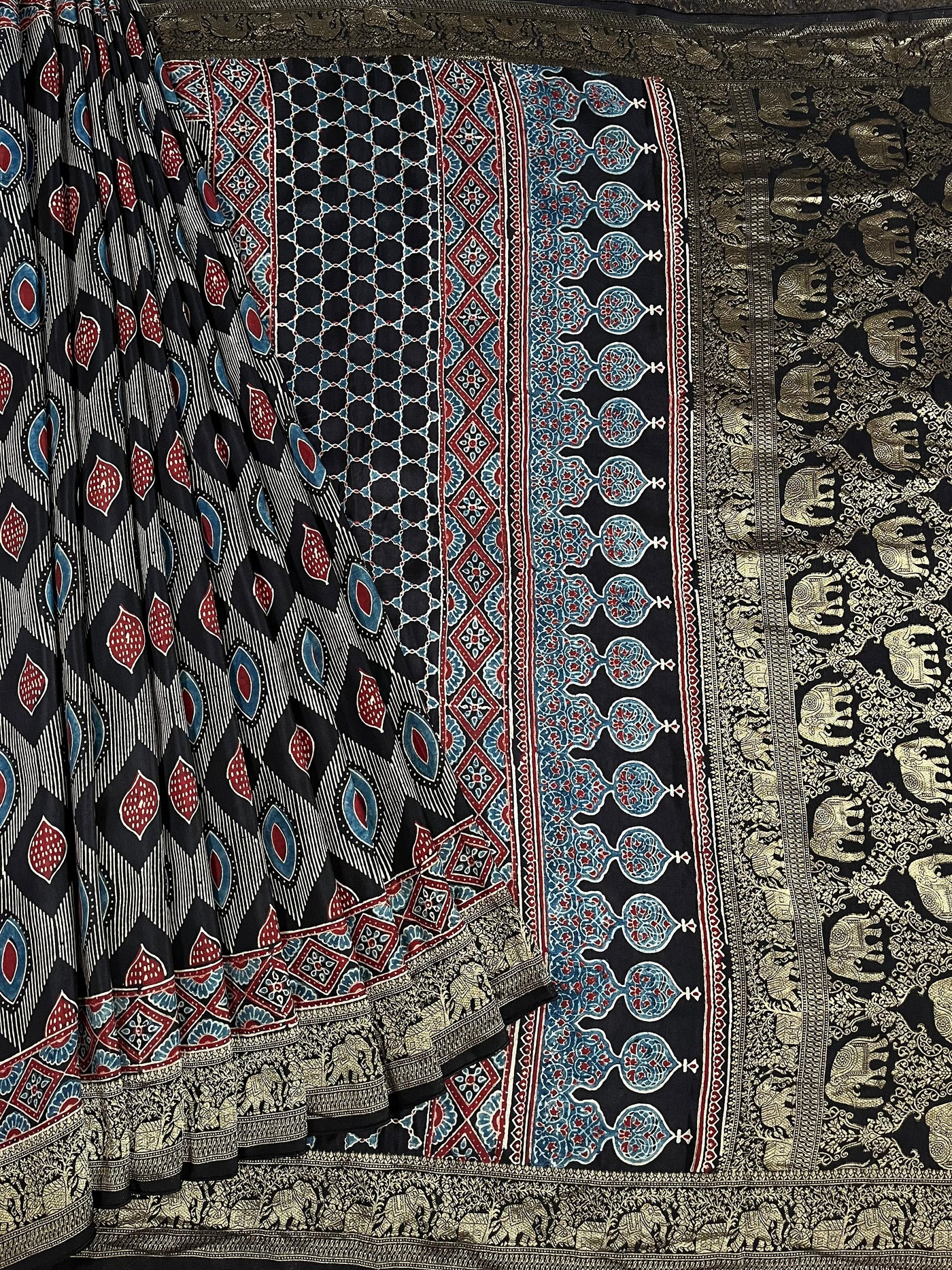 EKANSHI: Handblock Ajrakh Dola Silk Saree with Meenakari Pallu