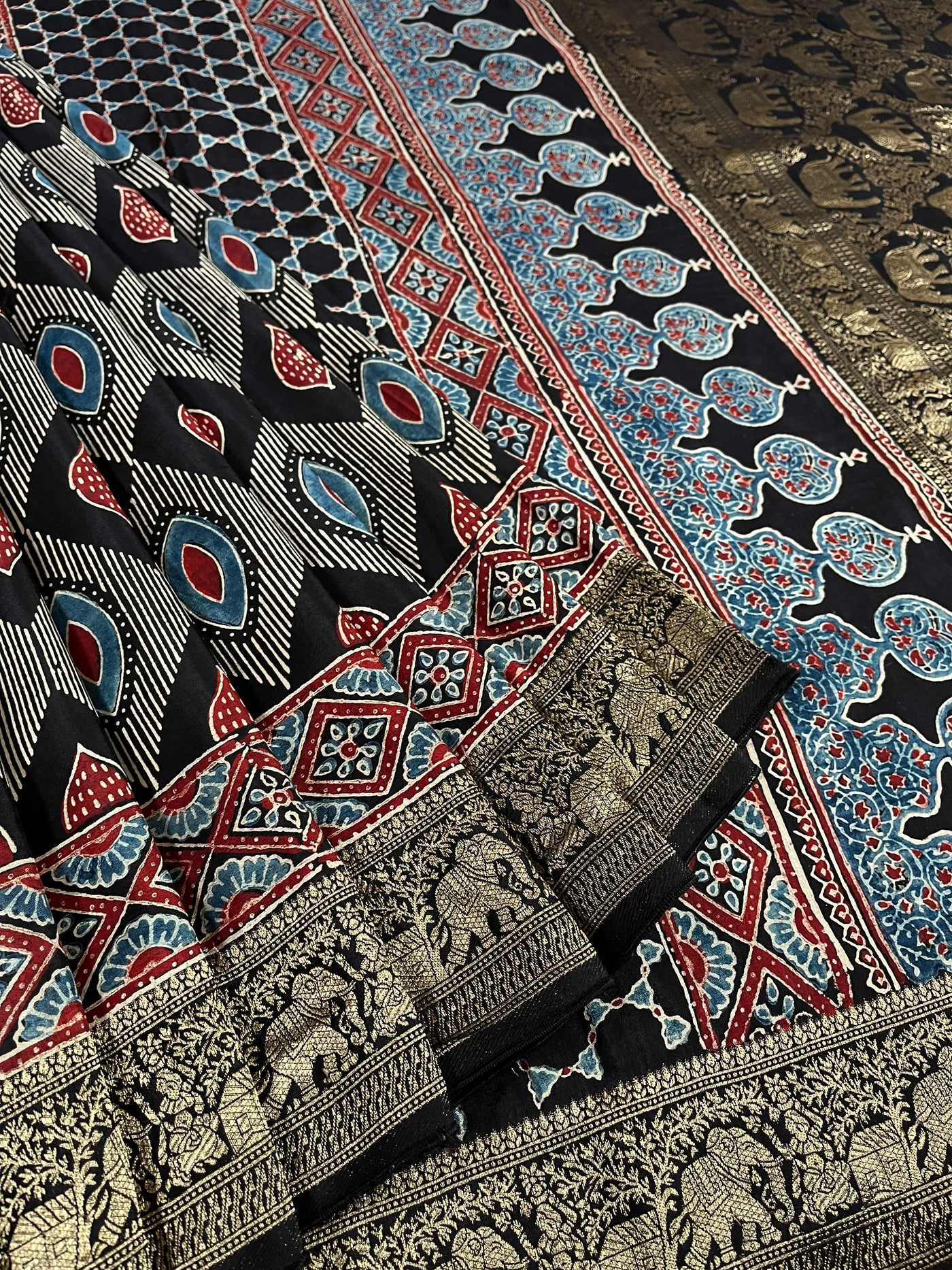 EKANSHI: Handblock Ajrakh Dola Silk Saree with Meenakari Pallu