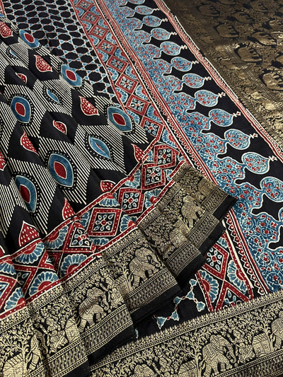 EKANSHI: Handblock Ajrakh Dola Silk Saree with Meenakari Pallu