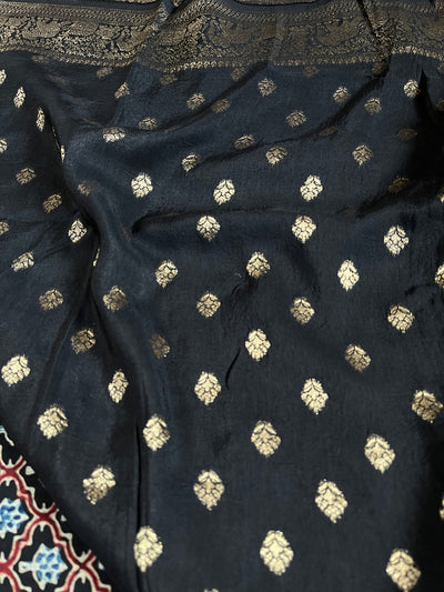 NIYATI: Handblock Ajrakh Dola Silk Saree with Meenakari Pallu