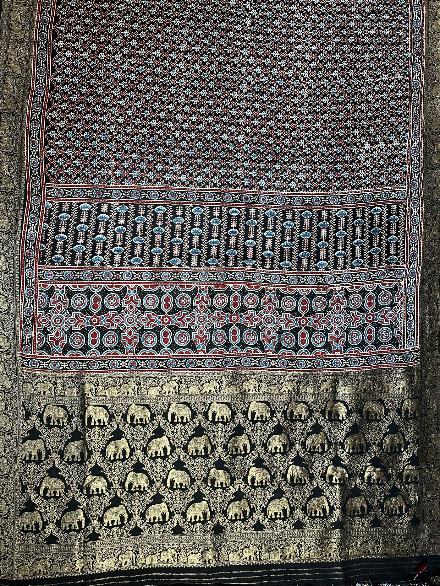 NIYATI: Handblock Ajrakh Dola Silk Saree with Meenakari Pallu