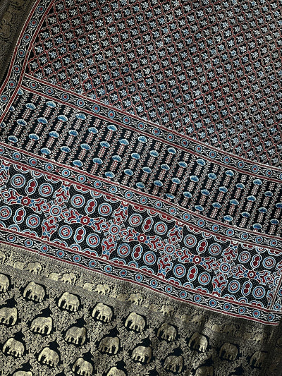 NIYATI: Handblock Ajrakh Dola Silk Saree with Meenakari Pallu