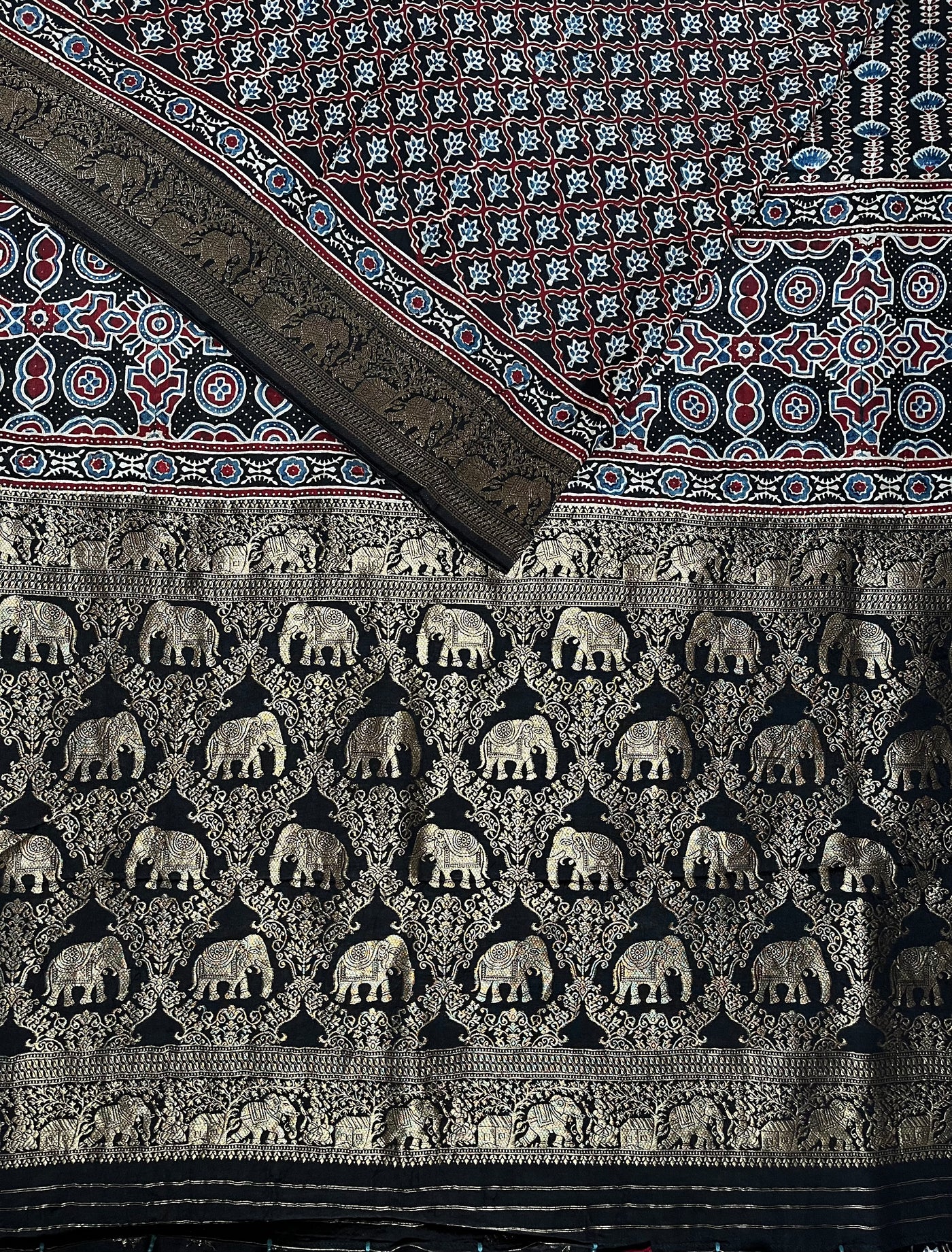 NIYATI: Handblock Ajrakh Dola Silk Saree with Meenakari Pallu