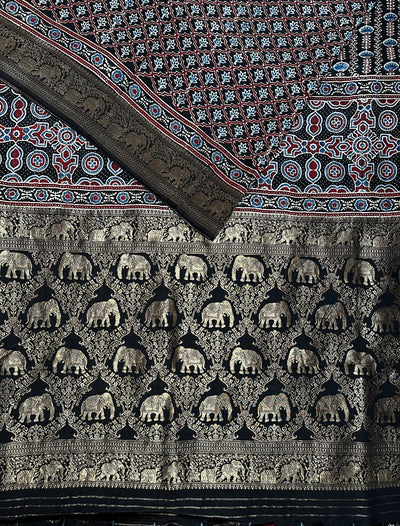 NIYATI: Handblock Ajrakh Dola Silk Saree with Meenakari Pallu