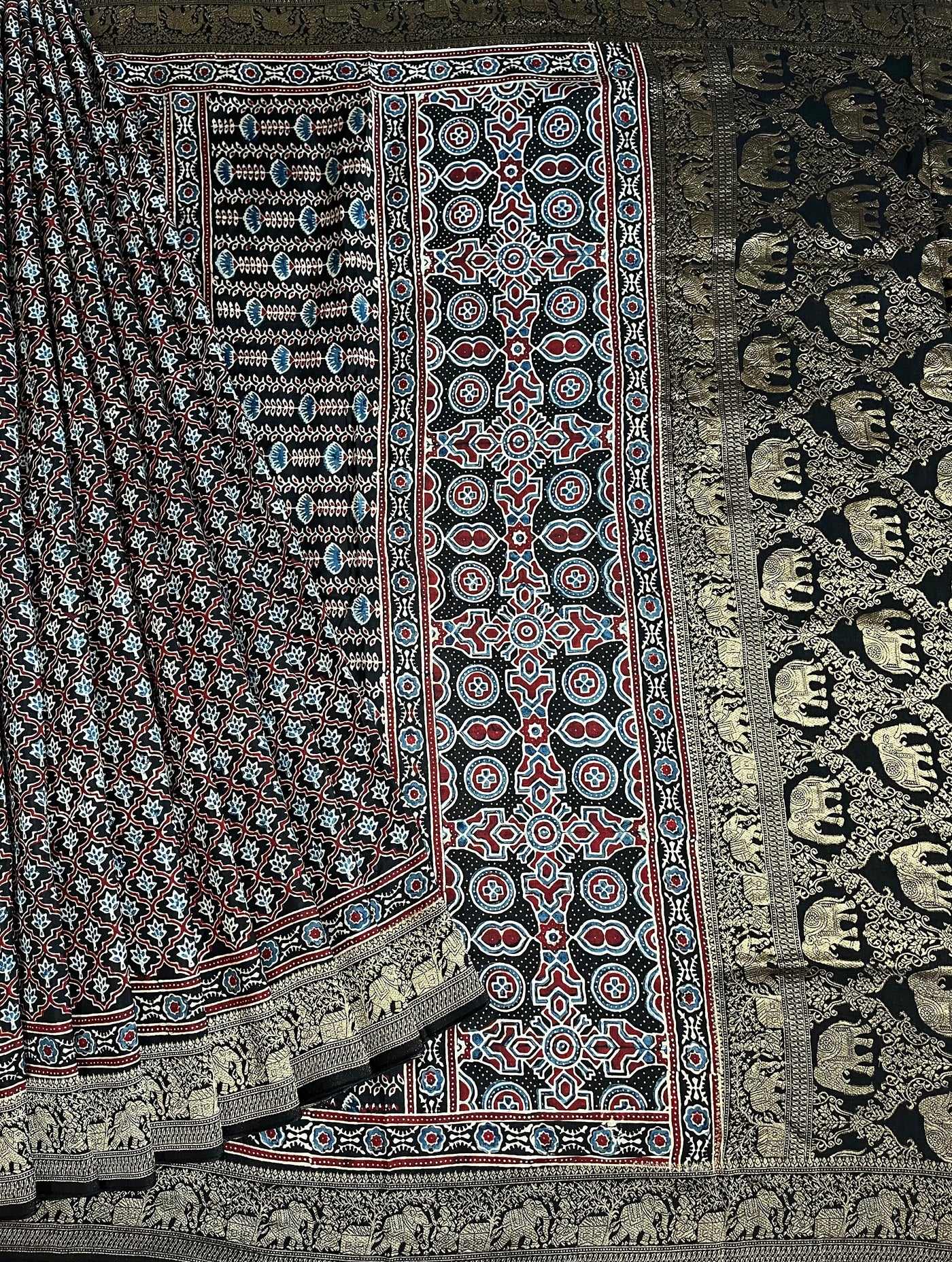 NIYATI: Handblock Ajrakh Dola Silk Saree with Meenakari Pallu