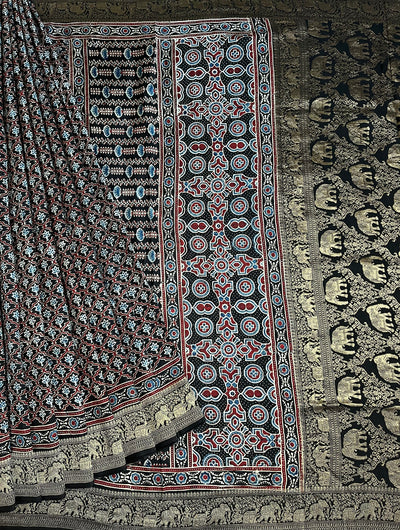NIYATI: Handblock Ajrakh Dola Silk Saree with Meenakari Pallu