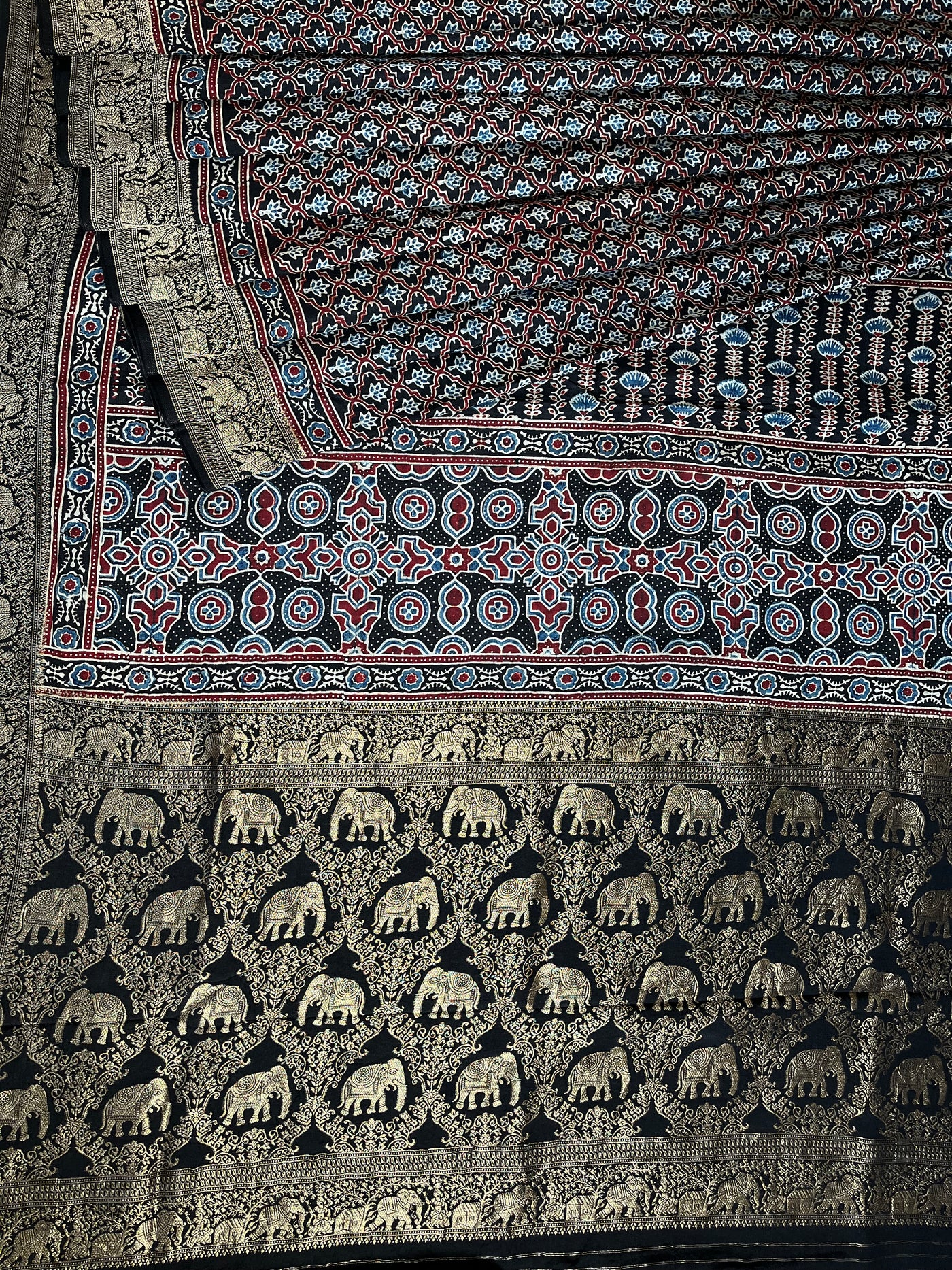 NIYATI: Handblock Ajrakh Dola Silk Saree with Meenakari Pallu