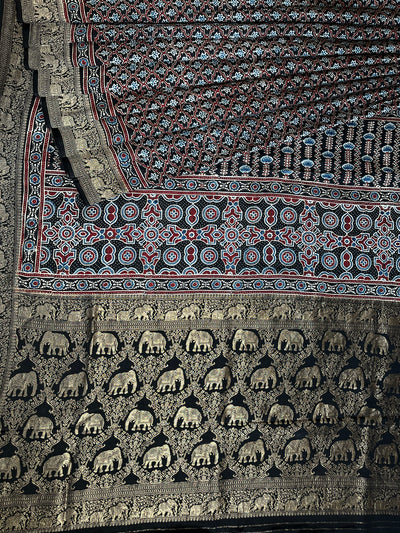 NIYATI: Handblock Ajrakh Dola Silk Saree with Meenakari Pallu