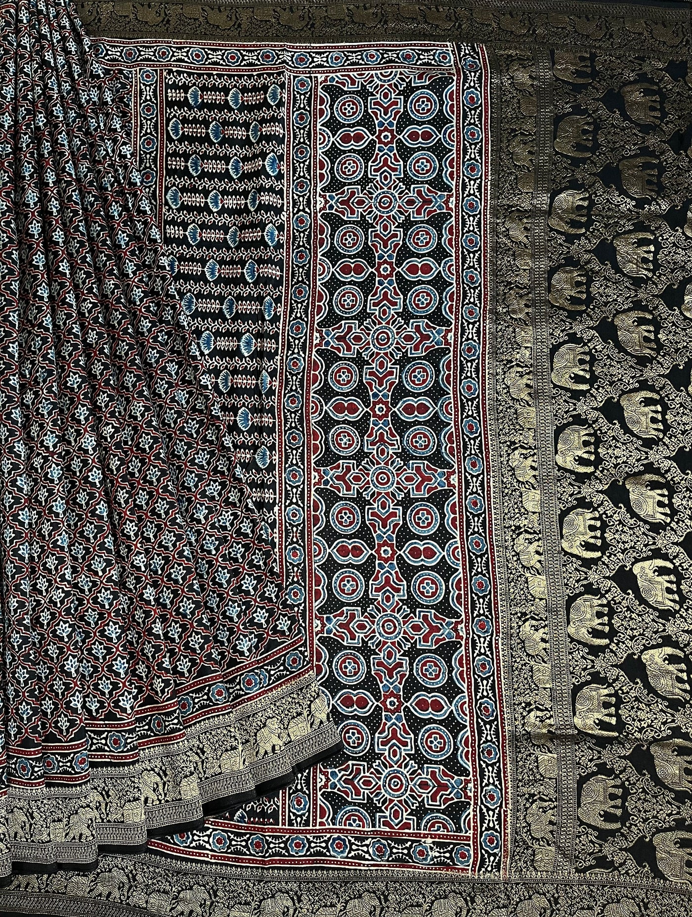 NIYATI: Handblock Ajrakh Dola Silk Saree with Meenakari Pallu