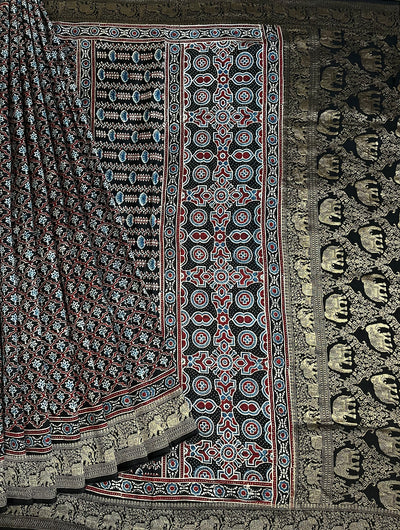 NIYATI: Handblock Ajrakh Dola Silk Saree with Meenakari Pallu