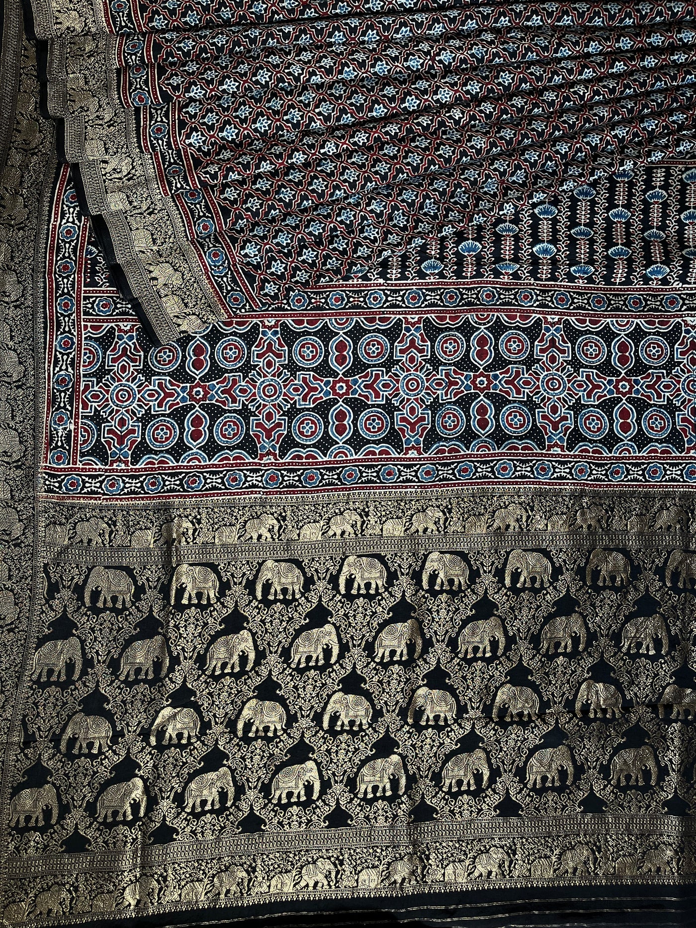 NIYATI: Handblock Ajrakh Dola Silk Saree with Meenakari Pallu
