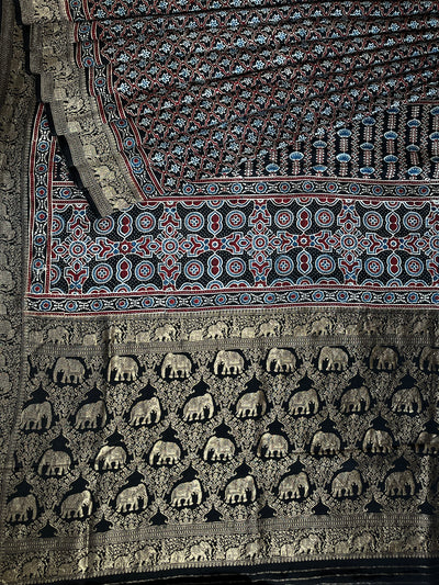 NIYATI: Handblock Ajrakh Dola Silk Saree with Meenakari Pallu