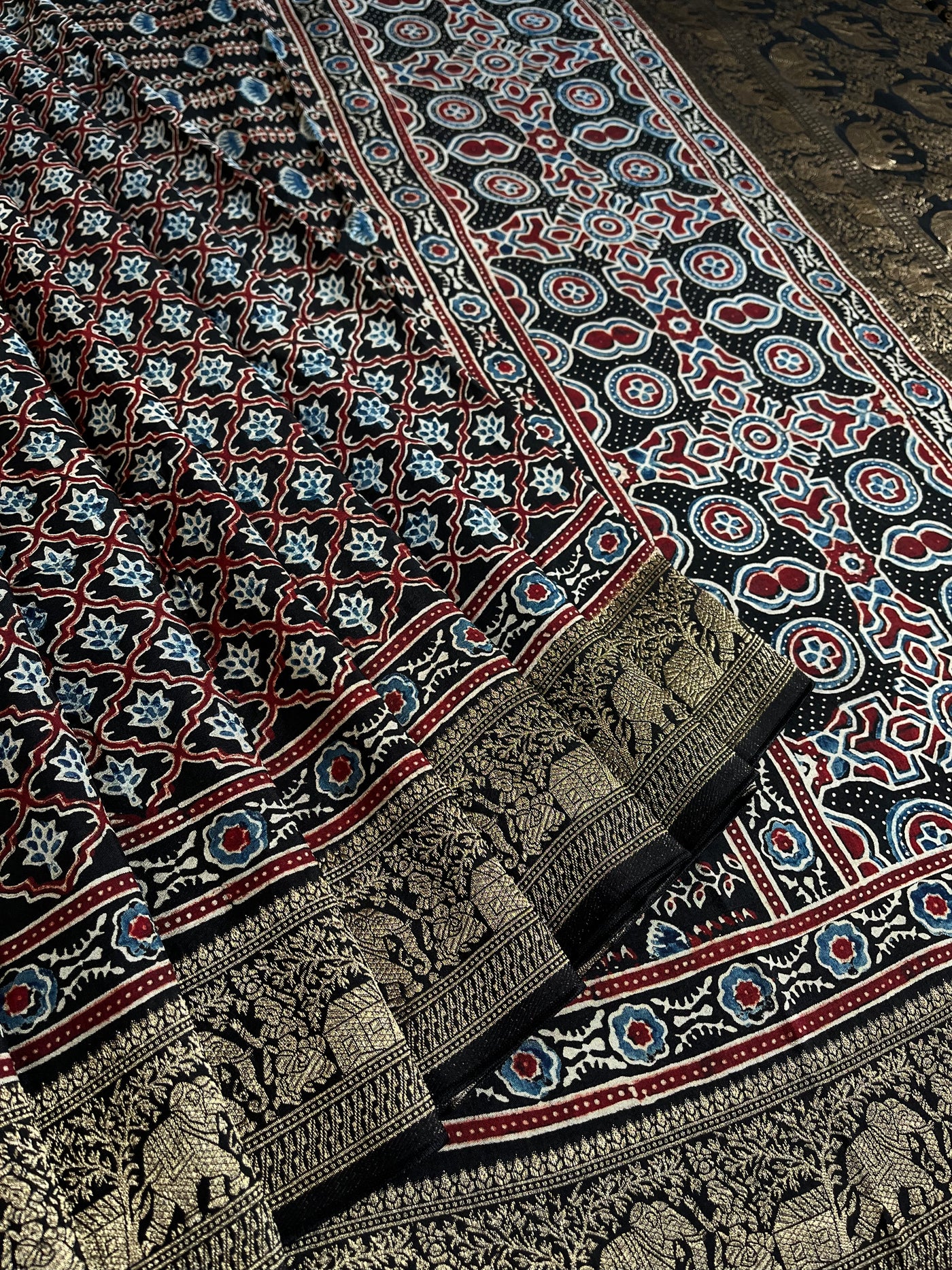 NIYATI: Handblock Ajrakh Dola Silk Saree with Meenakari Pallu